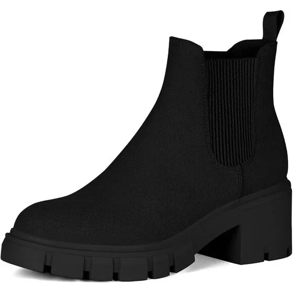 Women's Chelsea Boots Fashion Lug Sole Chunky Heel Slip on Ankle Booties Black S - Picture 1 of 6